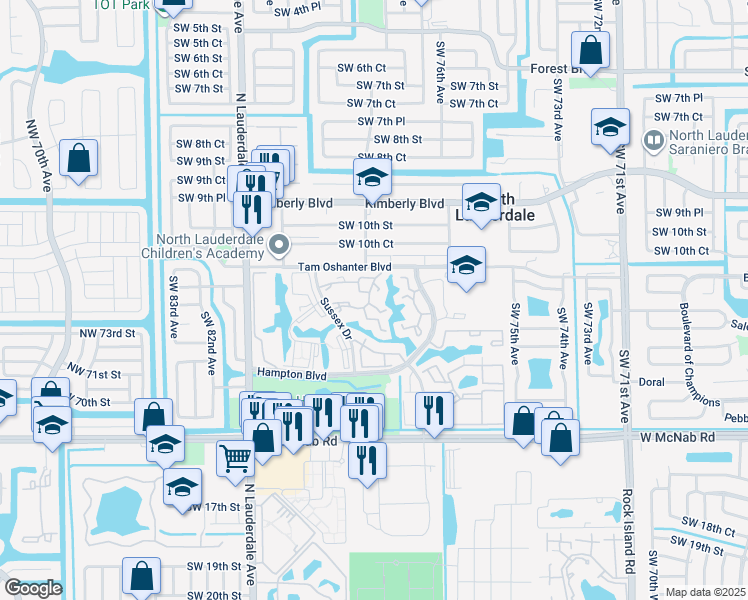 map of restaurants, bars, coffee shops, grocery stores, and more near 1249 Sussex Drive in North Lauderdale