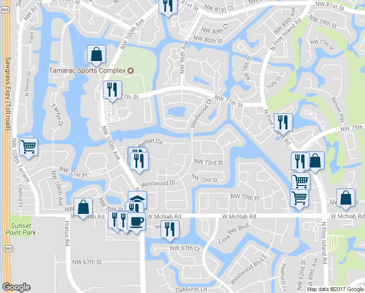 map of restaurants, bars, coffee shops, grocery stores, and more near 301 North Belfort Circle in Tamarac