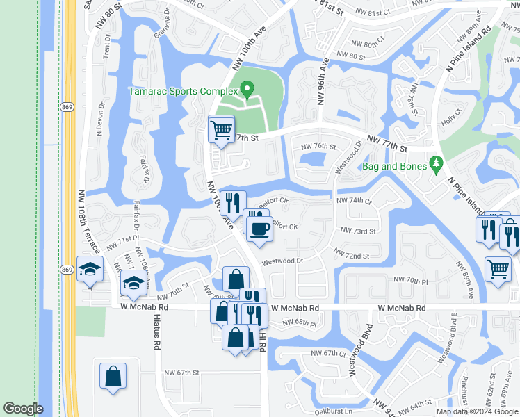 map of restaurants, bars, coffee shops, grocery stores, and more near 9784 North Belfort Circle in Tamarac