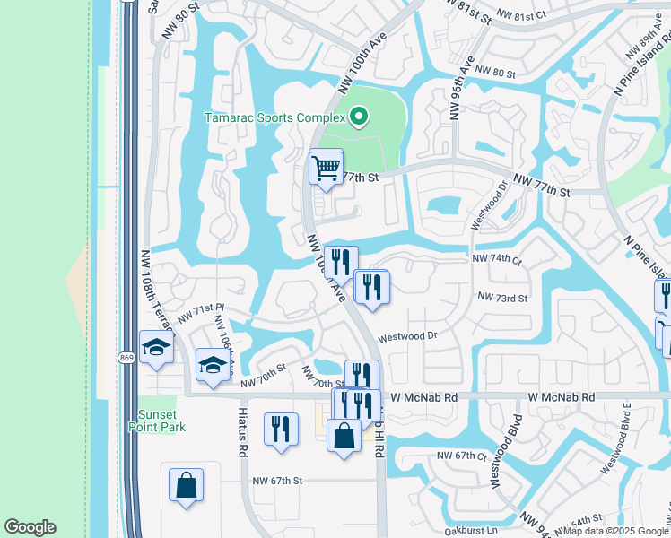 map of restaurants, bars, coffee shops, grocery stores, and more near 9955 North Belfort Circle in Tamarac