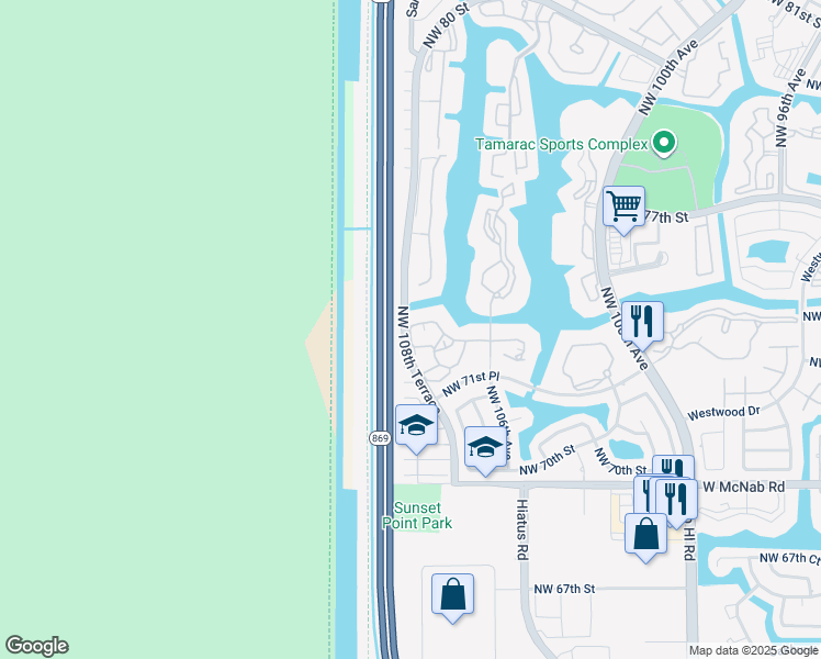 map of restaurants, bars, coffee shops, grocery stores, and more near 10816 West Clairmont Circle in Tamarac