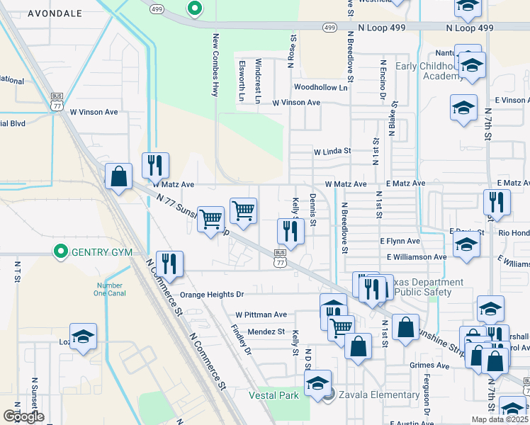 map of restaurants, bars, coffee shops, grocery stores, and more near 2114 North G Street in Harlingen