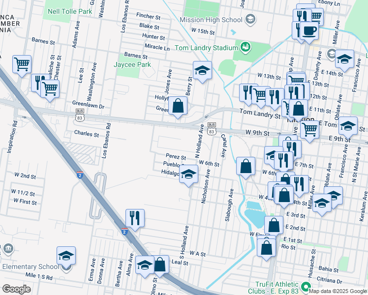map of restaurants, bars, coffee shops, grocery stores, and more near 900-998 Perez Street in Mission