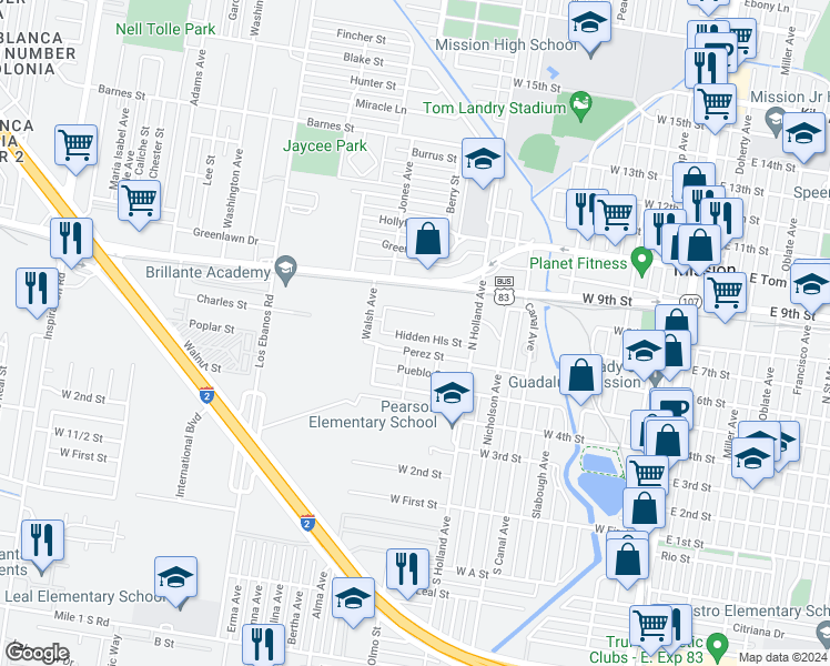 map of restaurants, bars, coffee shops, grocery stores, and more near 1013 Perez Street in Mission