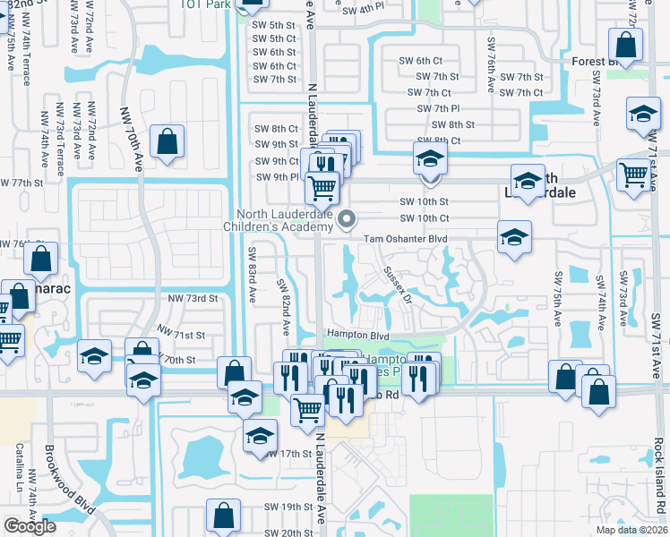 map of restaurants, bars, coffee shops, grocery stores, and more near 8030 Hampton Boulevard in North Lauderdale