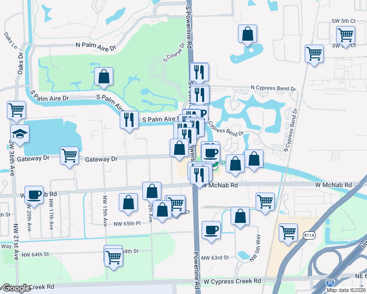 map of restaurants, bars, coffee shops, grocery stores, and more near 1301 Powerline Road in Pompano Beach