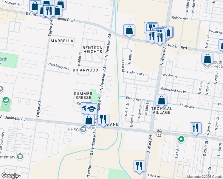 map of restaurants, bars, coffee shops, grocery stores, and more near 612 North 42nd Court in McAllen
