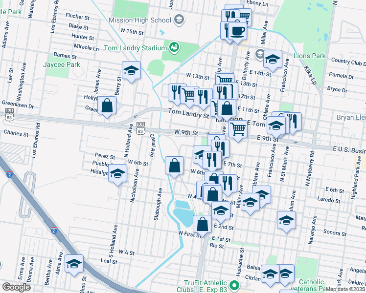 map of restaurants, bars, coffee shops, grocery stores, and more near 700 North Cummings Avenue in Mission