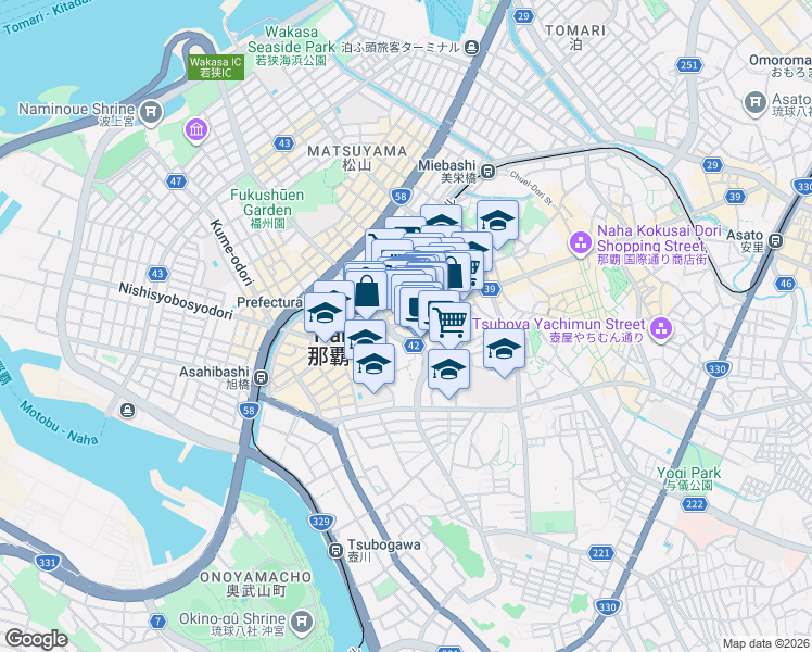 map of restaurants, bars, coffee shops, grocery stores, and more near Kokusai Dori in Naha-shi