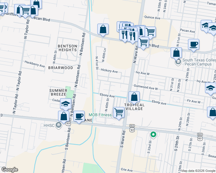 map of restaurants, bars, coffee shops, grocery stores, and more near 4005 Fir Avenue in McAllen