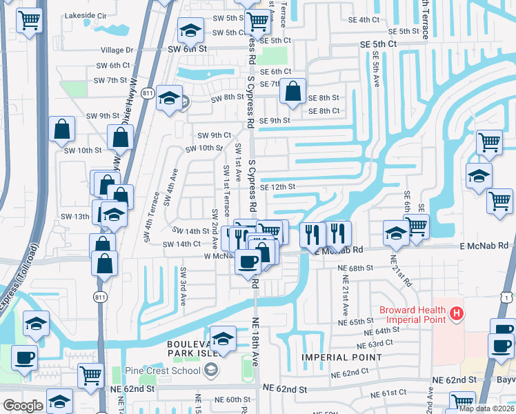 map of restaurants, bars, coffee shops, grocery stores, and more near 1231 Southeast 1st Avenue in Pompano Beach