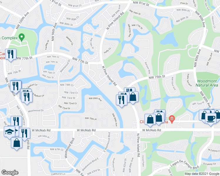 map of restaurants, bars, coffee shops, grocery stores, and more near 7525 Northwest 88th Avenue in Tamarac