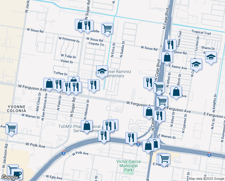 map of restaurants, bars, coffee shops, grocery stores, and more near 2116 Dahlia Street in Pharr