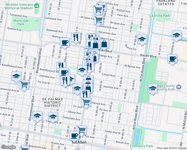 map of restaurants, bars, coffee shops, grocery stores, and more near 900 Kendlewood Avenue in McAllen