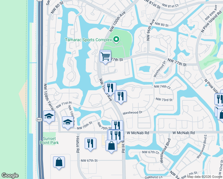map of restaurants, bars, coffee shops, grocery stores, and more near 9953 North Belfort Circle in Tamarac