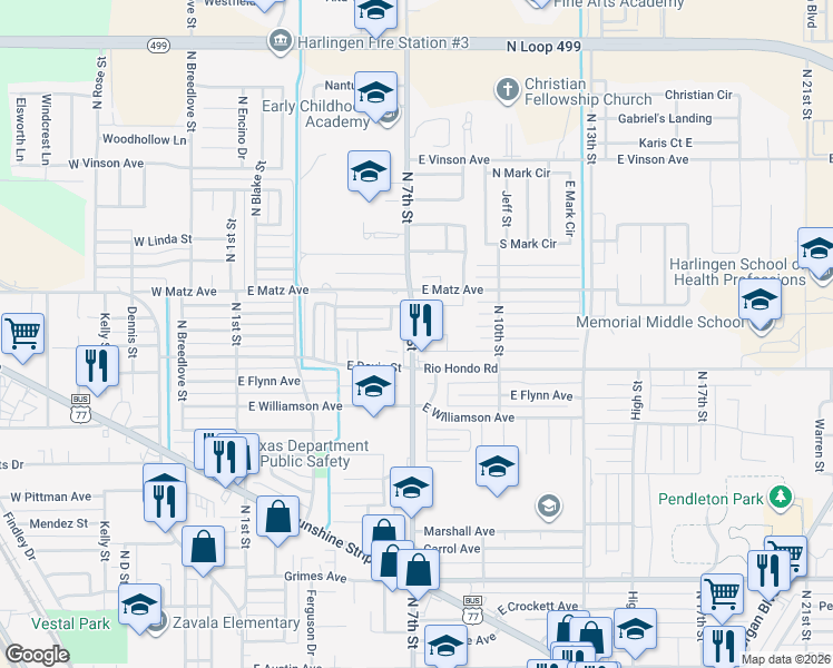 map of restaurants, bars, coffee shops, grocery stores, and more near 2202 North 7th Street in Harlingen