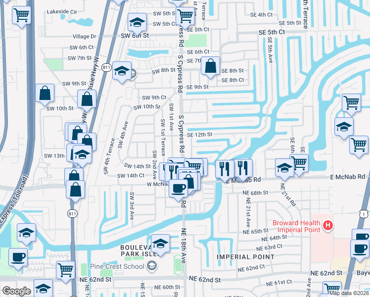 map of restaurants, bars, coffee shops, grocery stores, and more near 1231 Southeast 1st Avenue in Pompano Beach