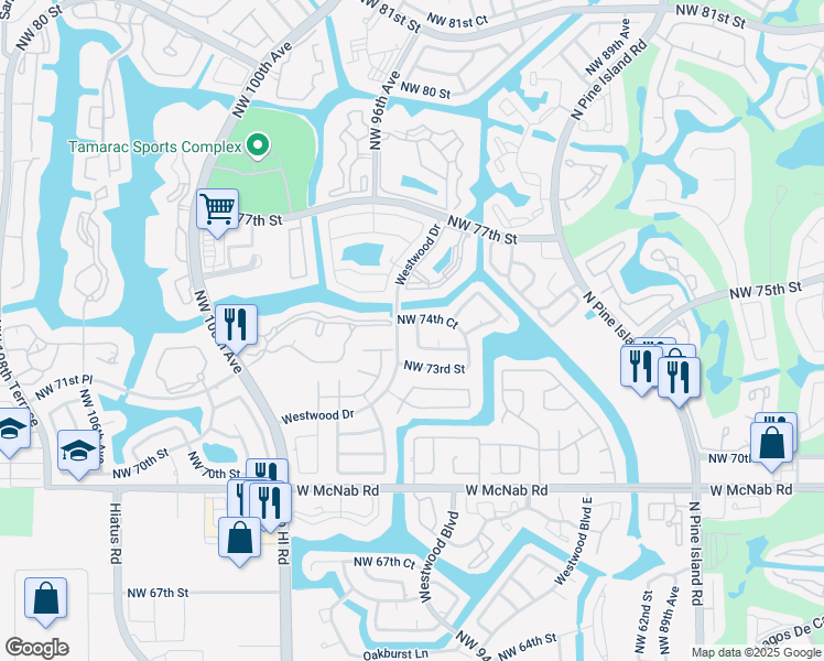 map of restaurants, bars, coffee shops, grocery stores, and more near 7402 Westwood Drive in Tamarac