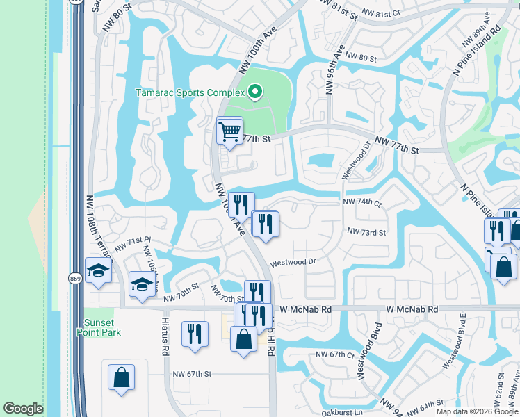 map of restaurants, bars, coffee shops, grocery stores, and more near 9953 North Belfort Circle in Tamarac