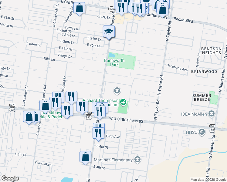 map of restaurants, bars, coffee shops, grocery stores, and more near 1106 North Shary Road in Mission