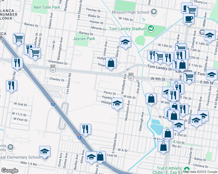 map of restaurants, bars, coffee shops, grocery stores, and more near 1013 Perez Street in Mission