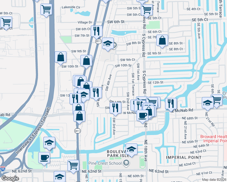 map of restaurants, bars, coffee shops, grocery stores, and more near 280 Southwest 12th Street in Pompano Beach