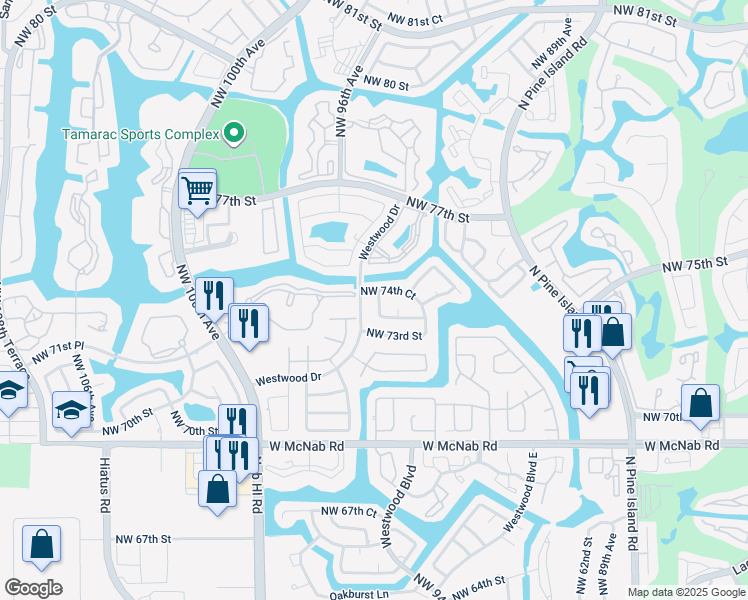 map of restaurants, bars, coffee shops, grocery stores, and more near 7402 Westwood Drive in Tamarac