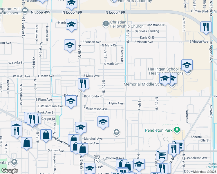 map of restaurants, bars, coffee shops, grocery stores, and more near 1017 East Lori Lane in Harlingen