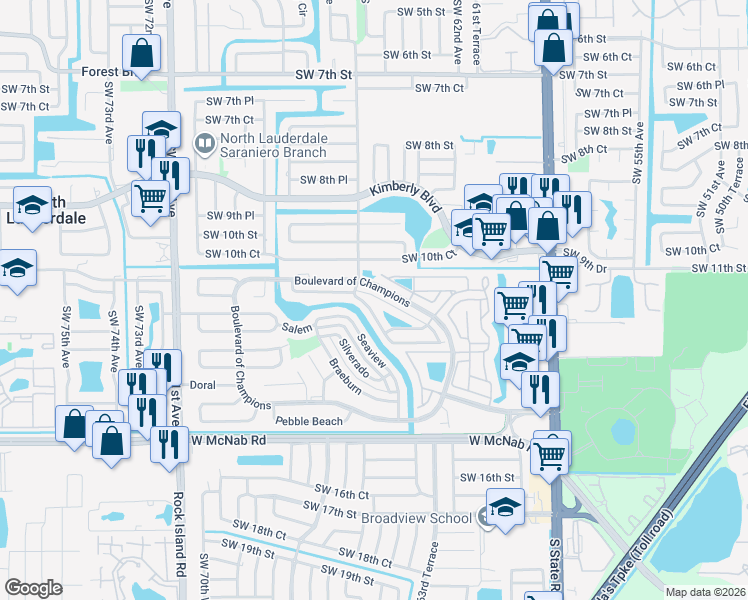map of restaurants, bars, coffee shops, grocery stores, and more near 1041 West Jasmine Lane in North Lauderdale