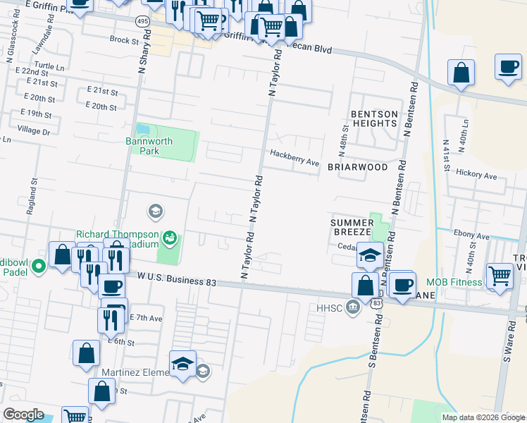 map of restaurants, bars, coffee shops, grocery stores, and more near 400 North Taylor Road in McAllen
