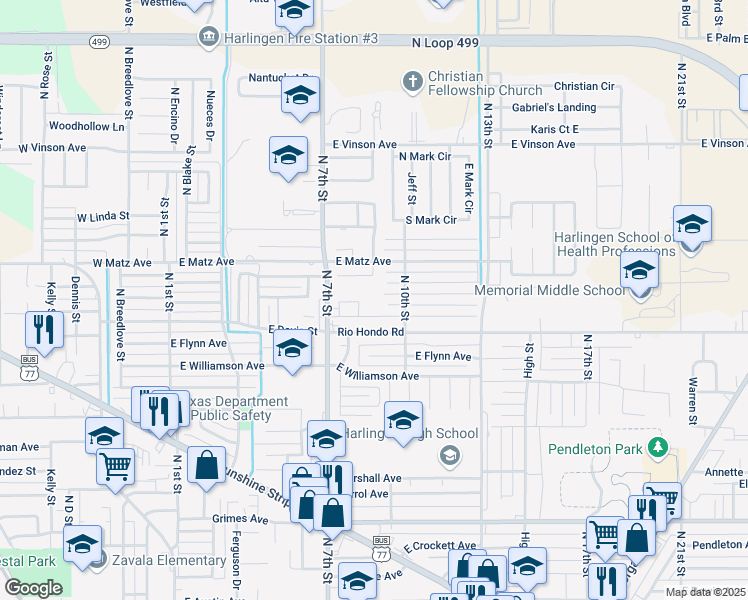 map of restaurants, bars, coffee shops, grocery stores, and more near 900 East Alcott Avenue in Harlingen