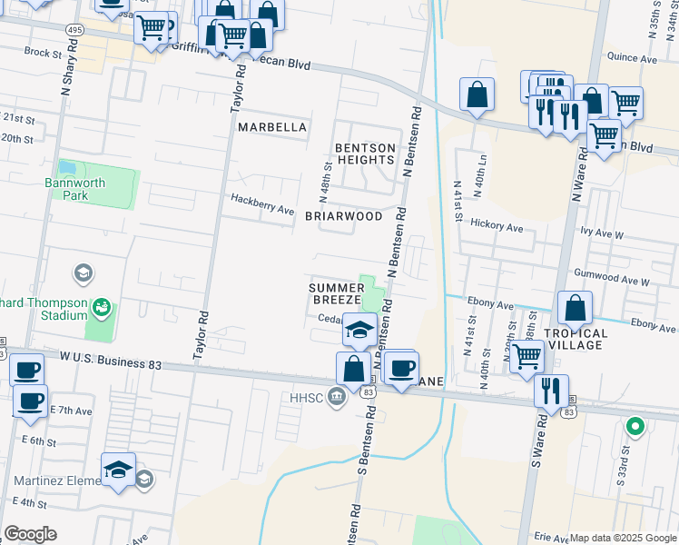 map of restaurants, bars, coffee shops, grocery stores, and more near 4616 Ebony Avenue in McAllen