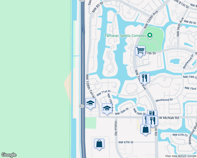 map of restaurants, bars, coffee shops, grocery stores, and more near 10604 West Clairmont Circle in Tamarac