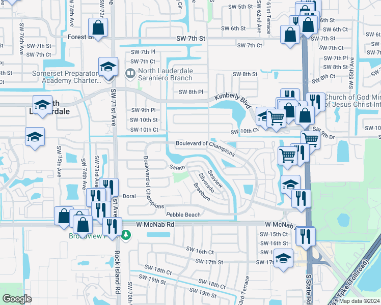 map of restaurants, bars, coffee shops, grocery stores, and more near 6526 Harbour Road in North Lauderdale