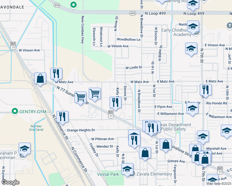 map of restaurants, bars, coffee shops, grocery stores, and more near 2113 Kelly Street in Harlingen