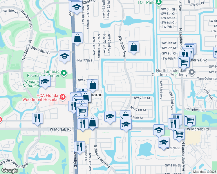 map of restaurants, bars, coffee shops, grocery stores, and more near 7502 Northwest 72nd Terrace in Tamarac