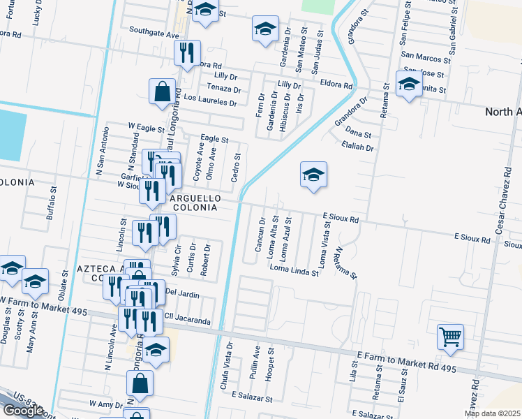 map of restaurants, bars, coffee shops, grocery stores, and more near 2027 Cancun Drive in San Juan