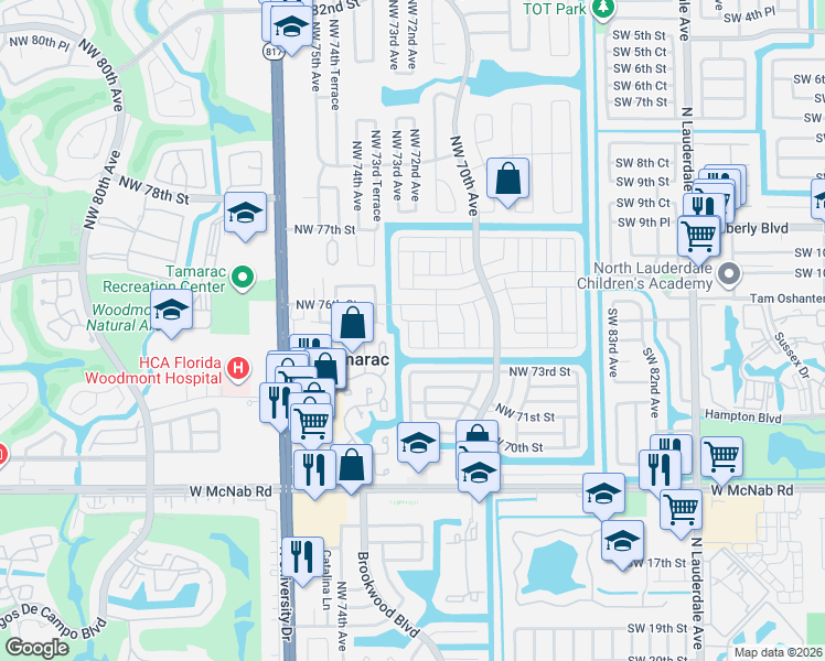 map of restaurants, bars, coffee shops, grocery stores, and more near 7500 Northwest 73rd Avenue in Tamarac
