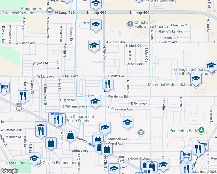 map of restaurants, bars, coffee shops, grocery stores, and more near 2202 North 7th Street in Harlingen