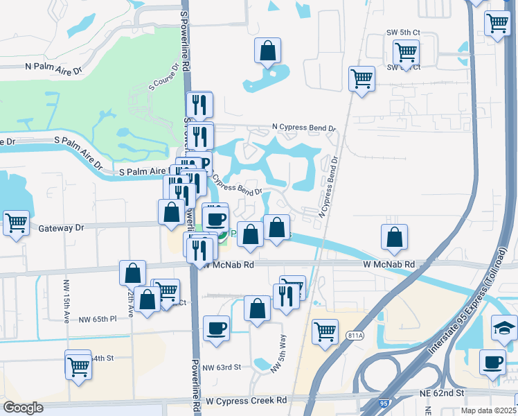 map of restaurants, bars, coffee shops, grocery stores, and more near 152 South Cypress Bend Drive in Pompano Beach