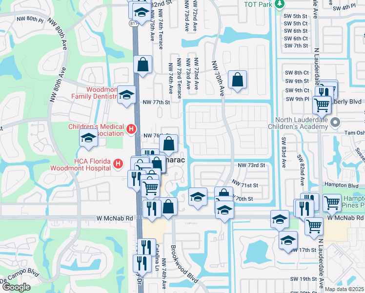 map of restaurants, bars, coffee shops, grocery stores, and more near 7310 Northwest 75th Street in Tamarac