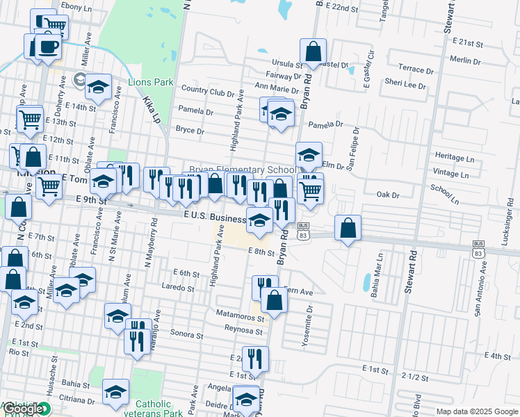 map of restaurants, bars, coffee shops, grocery stores, and more near 1201 East Tom Landry Street in Mission