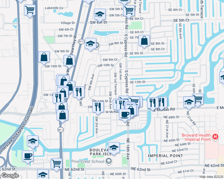 map of restaurants, bars, coffee shops, grocery stores, and more near 1234 Southwest 2nd Avenue in Pompano Beach