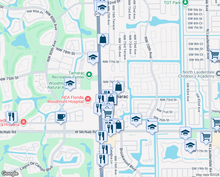 map of restaurants, bars, coffee shops, grocery stores, and more near 7512 Northwest 75th Street in Tamarac