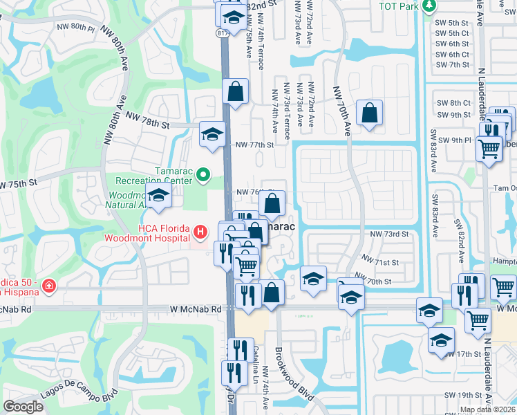 map of restaurants, bars, coffee shops, grocery stores, and more near 7410 Northwest 75th Street in Tamarac