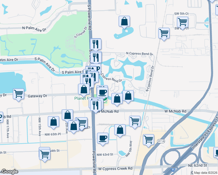 map of restaurants, bars, coffee shops, grocery stores, and more near 2324 South Cypress Bend Drive in Pompano Beach