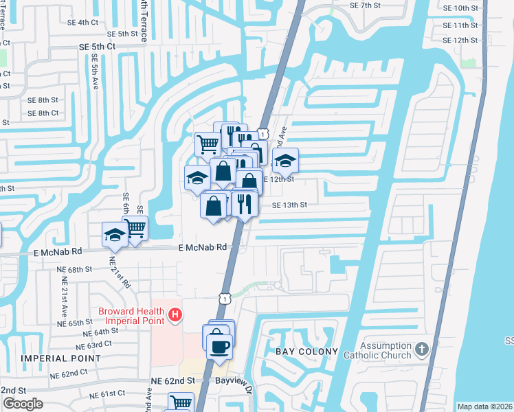 map of restaurants, bars, coffee shops, grocery stores, and more near 1296 U.S. 1 in Pompano Beach