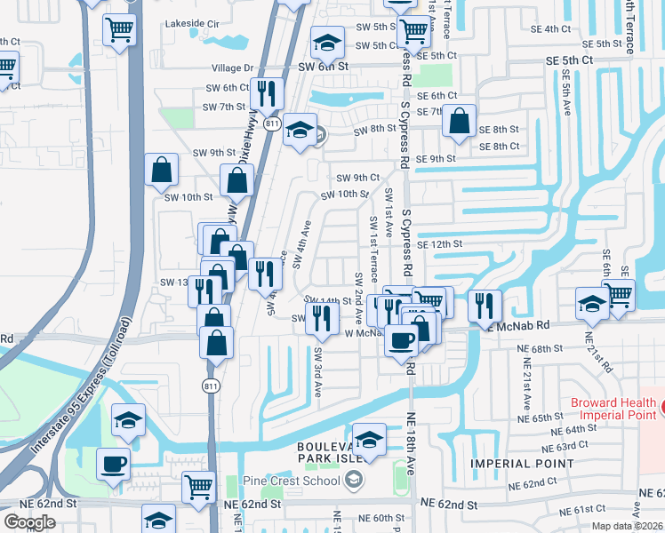 map of restaurants, bars, coffee shops, grocery stores, and more near 280 Southwest 12th Street in Pompano Beach