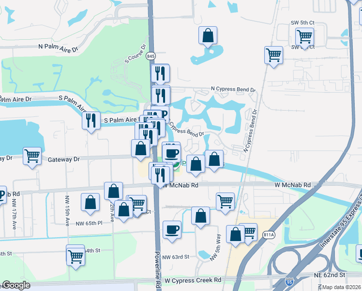 map of restaurants, bars, coffee shops, grocery stores, and more near 2324 South Cypress Bend Drive in Pompano Beach