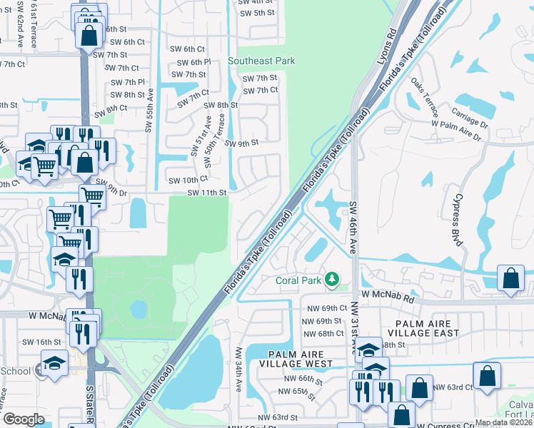map of restaurants, bars, coffee shops, grocery stores, and more near 4921 Southwest 12th Street in Margate